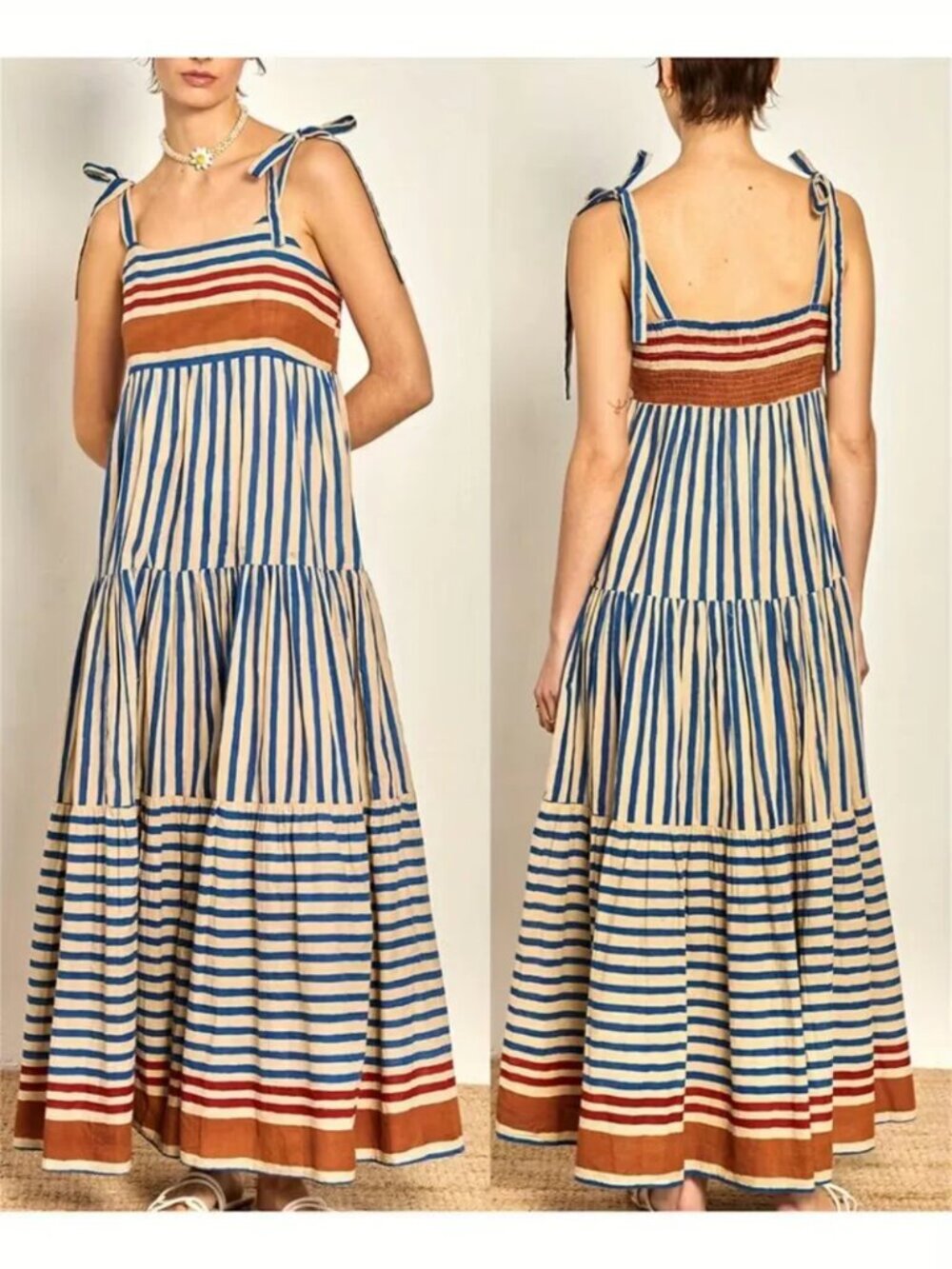 Women's Blue and Cream Striped Maxi Dress with Tie Straps - Picture 4 of 8